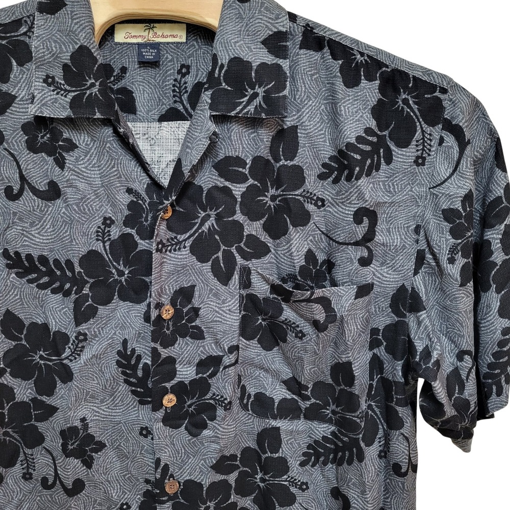 Tommy Bahama Mens Large Silk Hibiscus Floral Button Up Shirt Black Gray Tropical